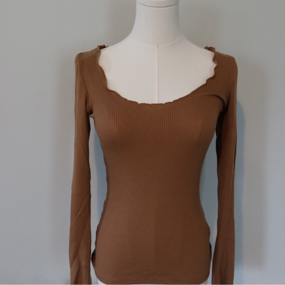 Brown Ribbed Fitted Long Sleeve Bodysuit